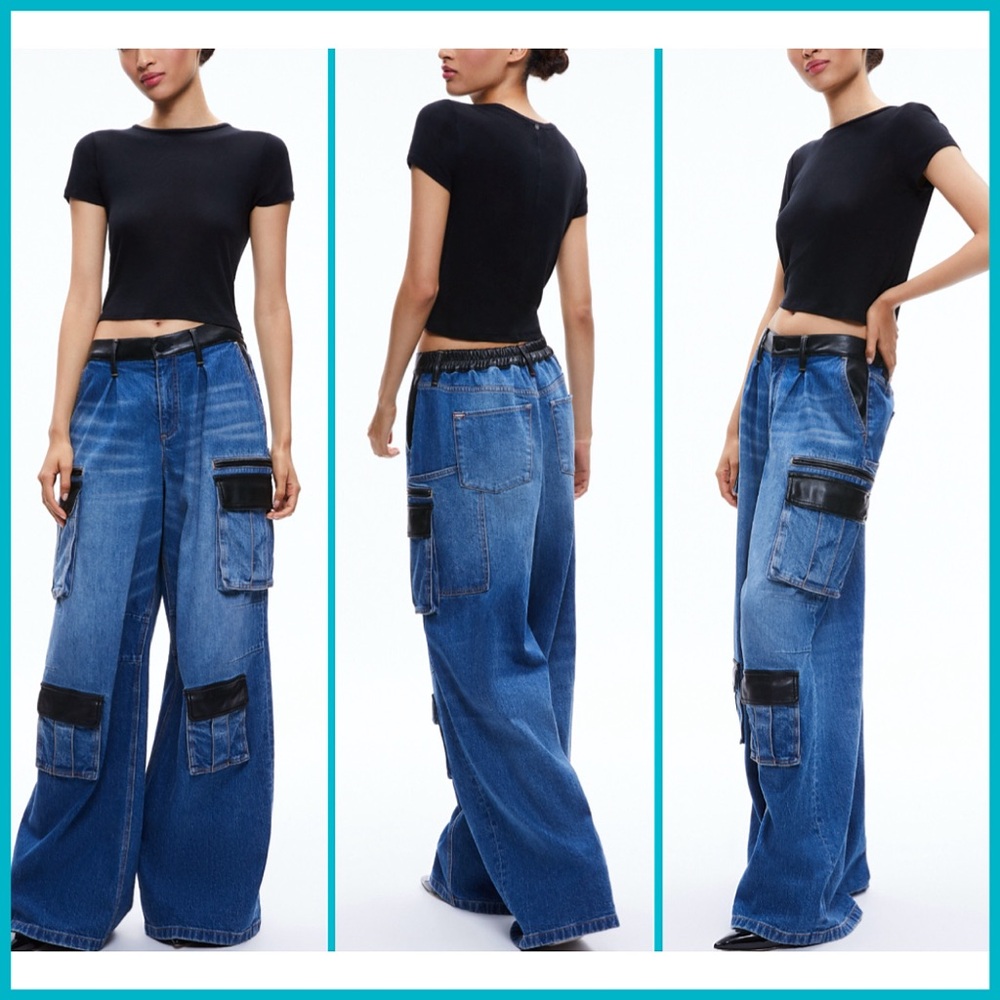 Alice + Olivia Joette Combination Vegan Leather Cargo Jeans - Picture 8 of 15